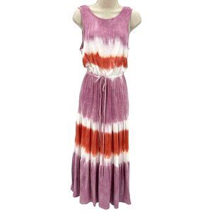 Knox Rose Womens Purple Tie Dye Tiered Ruffle Drawstring Waist Tank Dress Size S